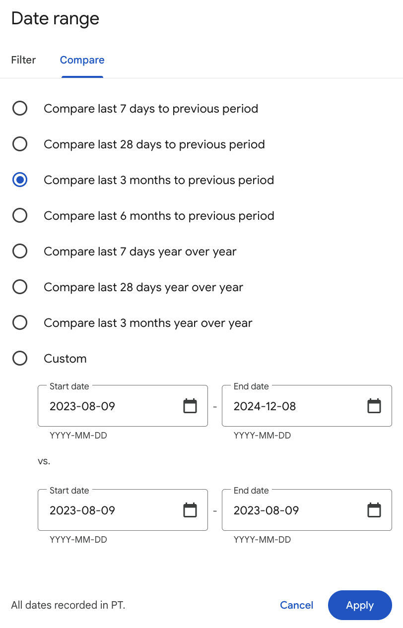 google search console compare data
