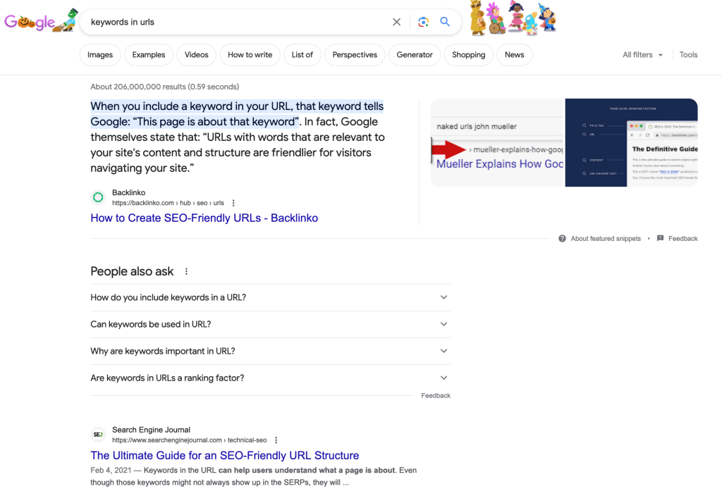 keywords in urls google search